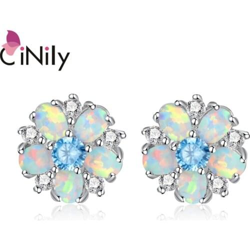 CiNily White Fire Opal Stud Earrings Zircon Silver Plated Women Jewelry Large Hoop Flower Stud Earrings OH4647-49
