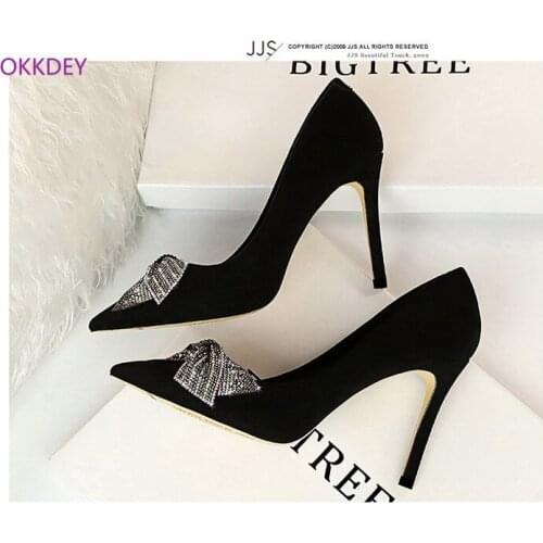 825-10 Fashion Sexy Nightclub Slimming Thin Heeled High Heel Suede Shallow Mouth Pointed Rhinestone Bow Shoes