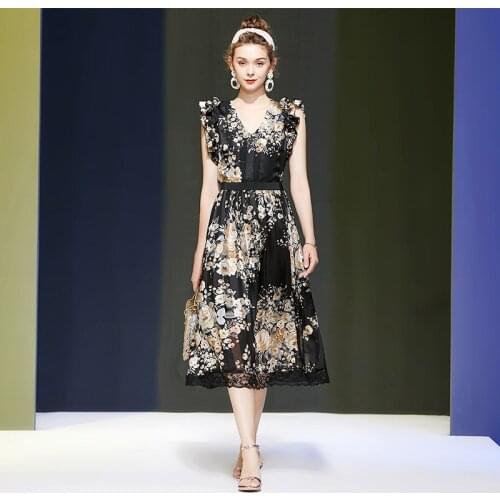 Seifrmann Women Summer Fashion Designer A-Line Dress Sexy V-Neck Ruffles Floral Print Female Party Big Swing Midi Dresses 2021