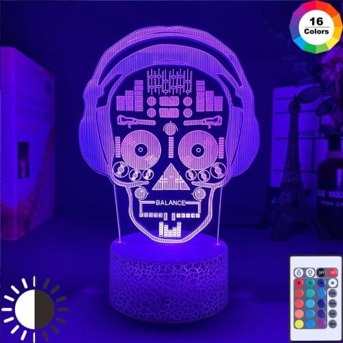 3D LED Illustration Art DJ Skeleton Headphones Sound Mixer Night Lights Music Skull Tatoo Headphones LED Lights Decor Table Lamp