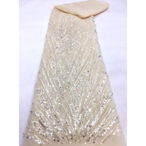 5yards/pc) Elegant cream color African tulle lace gorgeous tube beads sequins embroidered French net lace for wedding FZX123