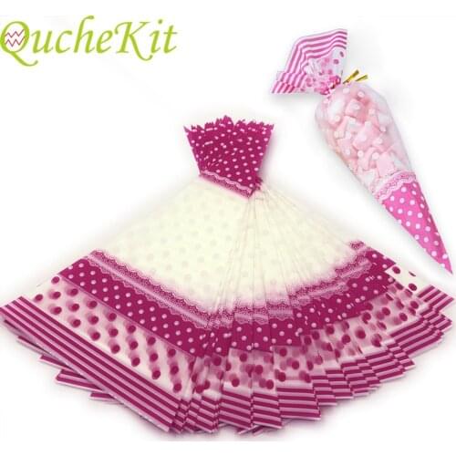 50pcs Pink Dots Cone-Shaped Treat Popcorn Bags Cellophane Candy Bags Triangular Spun Sugar Packaging Bag For Snack Candy Biscuit