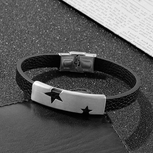 HaoYi High Quality Cowhide Stainless Steel Mens Bracelet Leather Jewelry Star Decoration Jewelry