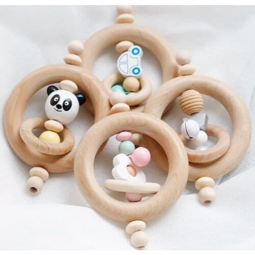 1PC Beech Woode Ring Teething Baby Rattle Toys Rodent Bear China Panda Wooden Beads For Kid Products Baby Teether Wooden Toys
