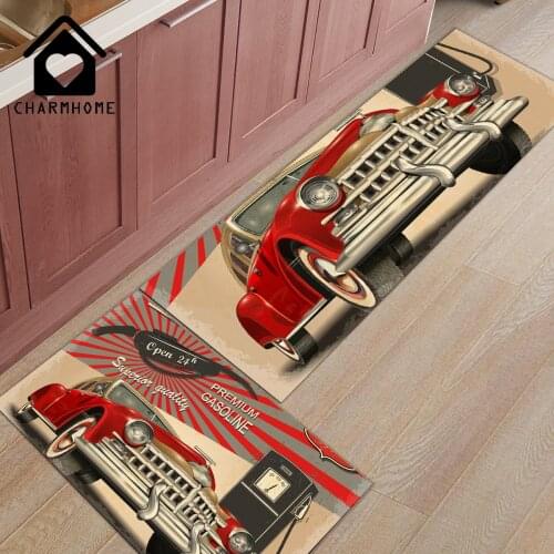 CHARMHOME 2Pcs/Set Retro Car Poster Route 66 Long Kitchen Mat Carpet Floor Mats Home Entrance Doormat Bedroom Living Room Rug
