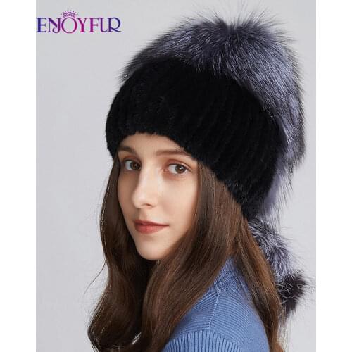 ENJOYFUR Winter Women Natural Mink Fur Hats With Fluffy Fox Pompom Warm Wool Lined Earflap Caps Female Rhinestone Skull Beanies