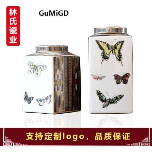 Jingdezhen ceramics American color painting butterfly with lid storage tank storage tank square porcelain tank