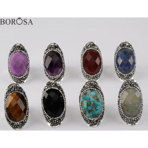 BOROSA Silver Plated Natural Stones Rings Turquoises Lapis Lazuli Crystal Ring Adjustable Cubic Zirconia Ring JAB981-2