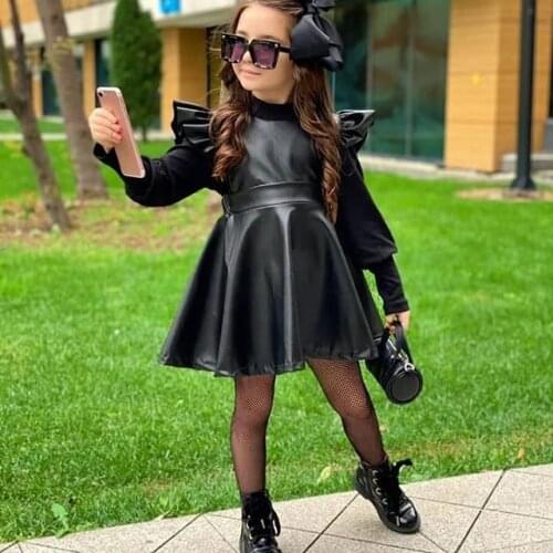 Toddler Baby Girl Black Overall Dress Soft Fabric Faux Leather Ruffle Sleeve Backless Suspender Skirt Comfortable Sweet Casual