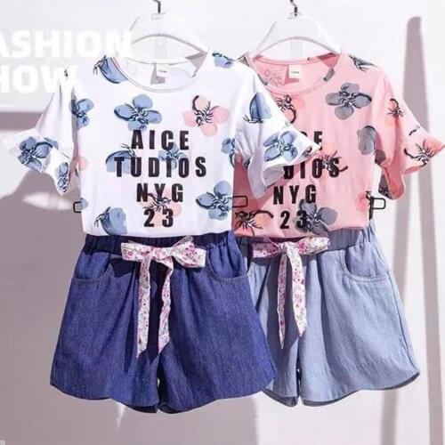 Girls Clothes Set Summer Flower Shirt +Jean Short Pants 2 PCS Girl Clothing Set For Girls Teen Kids Clothes 8 10 12 14 Year
