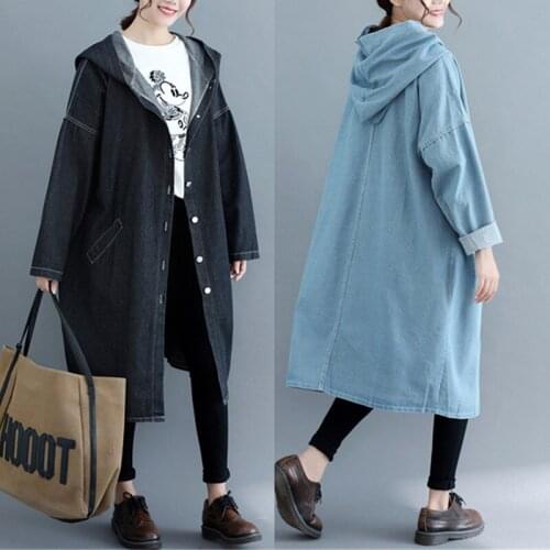 Korean Hooded Plus Size Pocket Denim Jacket Womens Autumn New Mid-Length Long-Sleeve Solid Color Denim Coat Windbreaker Outwear