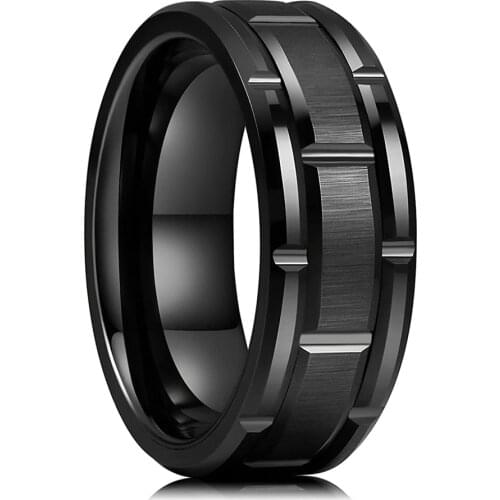 Fashion 8MM Mens Black Stainless Steel Ring Brick Pattern Brushed Double Groove Engagement Ring Mens Wedding Party Jewelry