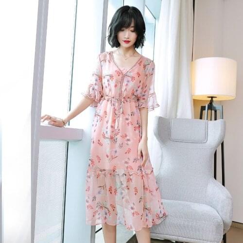 Natural Silk Dress Women Spring Summer Dresses Female Floral New Style Fashion V-neck Sundress vestido midi YQ350