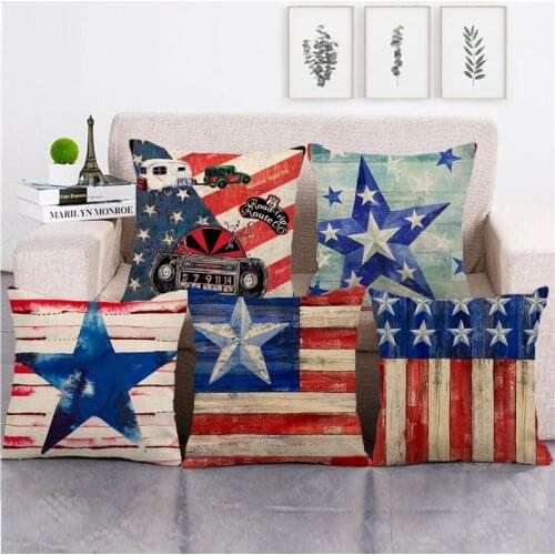 Wholesale pillowcase blue star and wooden cushion cover linen/cotton sofa pillow cover decorative pillows