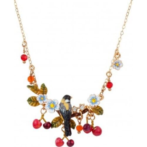 New hand-painted enamel glaze cherry orchard cute and sweet personality Oriole bird zircon necklace gold-plated female jewelry