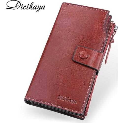 DICIHAYA Luxury Brand Genuine Leather Women Wallet Double Zippers Leather Wallets Long Clutch Coin Purse Pocket Red Phone Bag