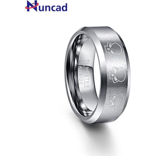 Nuncad Mens 8mm Laser Engraved Skull Matte Finish Tungsten Carbide Wedding Band Rings Polished Beveled Edge