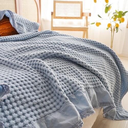 Pure Color Waffle Sofa Bed Lace Towel Blanket For Travel Office Single Double Air Condition Bedding Coverlet Soft Blankets