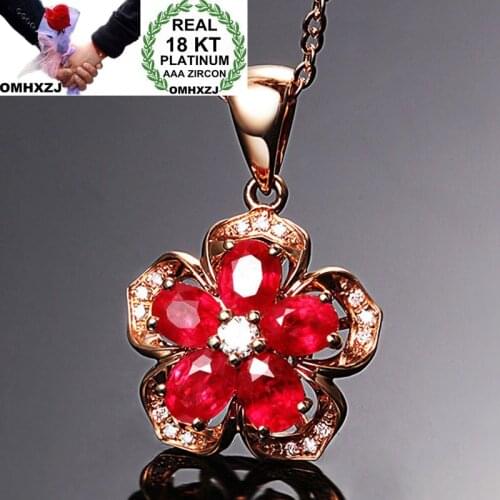 OMHXZJ Wholesale European Fashion Woman Girl Party Wedding Gift Flower Ruby Zircon 18KT Rose Gold Necklace Pendant Charm CA188