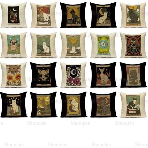Custom Tarot Card Pattern Cushion Cover Decorative Shar Pei Dog 45x45 Pillow Case Retro Cat Home Sofa Linen Print Pillows Cover