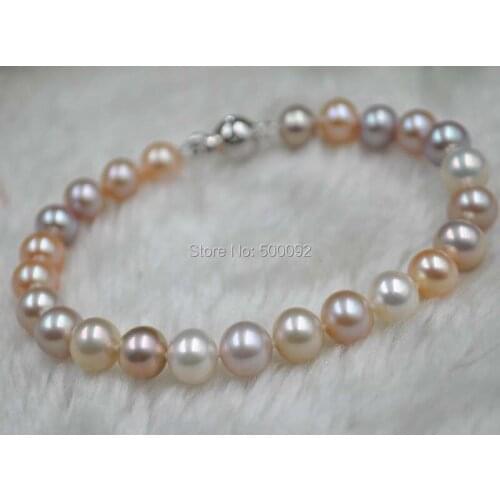 Stunning 7.5" 7.8-8mm round white pink purple genuine pearl bracelet