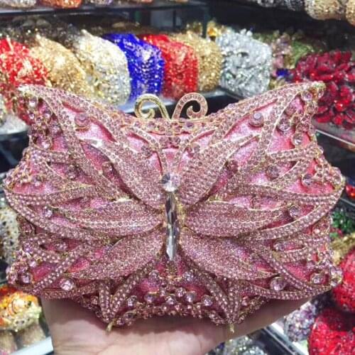 Butterfly Shape Luxury Gold Metal Pink Diamond Women Phone Clutch Fashion Ladies Crystal Evening Bags Clutches Wedding Purses