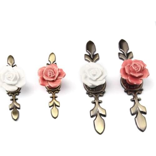 5pcs Rose Flower Pink White Single Hole Door Handles Ceramic Drawer Cupboard Knobs Closet Drawer Single Hole Door Pull Knobs