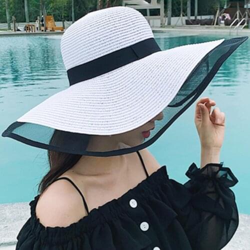 2021 Summer Fashion Simple Women Hat Braided Wide Large Brim Bohemia Mesh Patchwork Sun Protection Beach Hat for Outdoor
