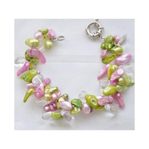 Luck Pearl Jewellery,Wholesale 8inches 2rows Baroque Tail Green Pink Pearl Crystal Beads Bracelet
