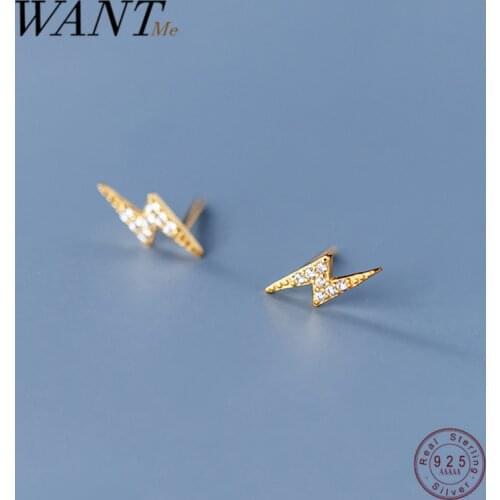 WANTME Genuine 925 Sterling Silver Fashion Korean Chic Zircon Lightning Small Stud Earrings for Women Teen Party Jewelry Gift