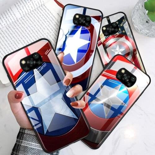 Captain America shield Marvel for Xiaomi POCO X3 NFC F3 M2 X2 F2 Redmi K30 Redmi Note 9 Pro Luxury Tempered Glass Phone Case