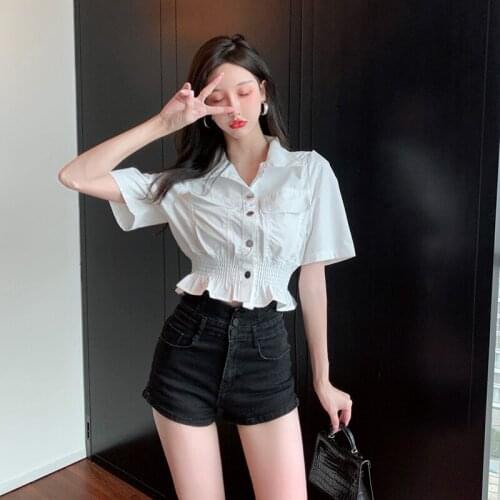 Womens Shirt Elastic Waist Blouse Clothing For Women Casual Tops Turn Down Collar Short Denim Blouses Shirts Haut Chemise Femme