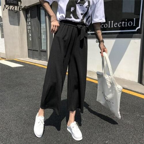 Retro BF Solid Color Summer Wide Leg Pants Harajuku Casual Loose Sashes Women Breathable Trousers Womens Students Korean Style