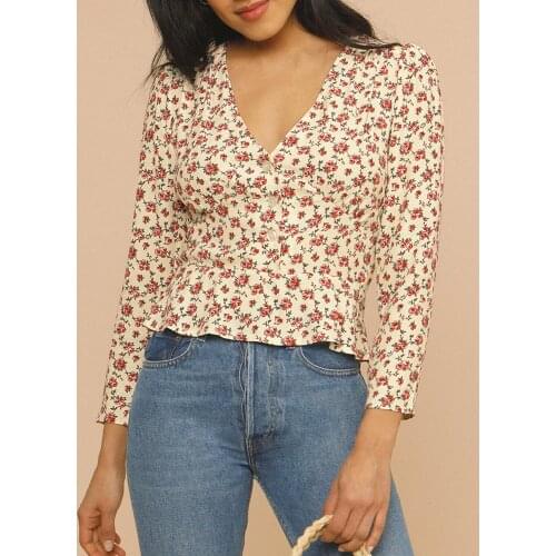 Womens Tops And Blouses 2021 V Neck Three Quarter Sleeve Front Button Slim Ruffle Hem Elegant Vintage Floral Print Blouse Women