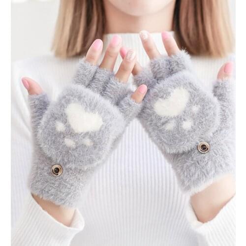Womens Winter Warm Touch Screen Gloves Cute Cat claw Sensory Fingerless Gloves Knitted Fluff Outdoor Flip cover Gloves 1 Pair