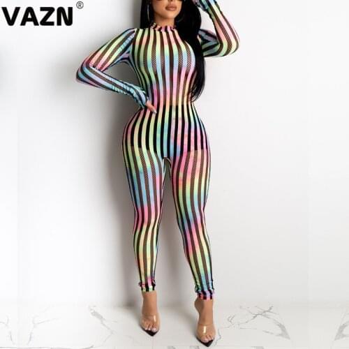 VAZN 2020 Top Quality Sexy Free Striped Patchwork Style Soft Elastic Full Sleeve High Waist Women Skinny Pencil Jumpsuits