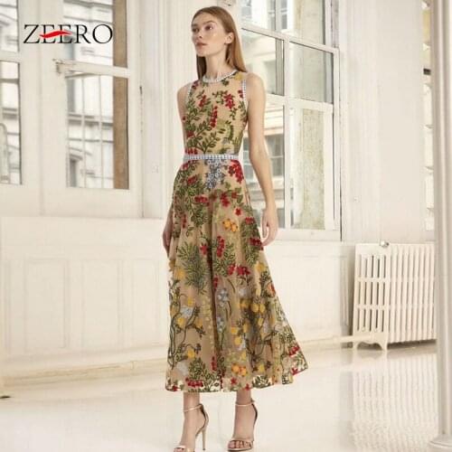 Summer Runway Women Sleeveless Floral Embroidery Lace Dress Elegant Female Vintage Mesh MIidi Party Dresses Vestidos Plus Size
