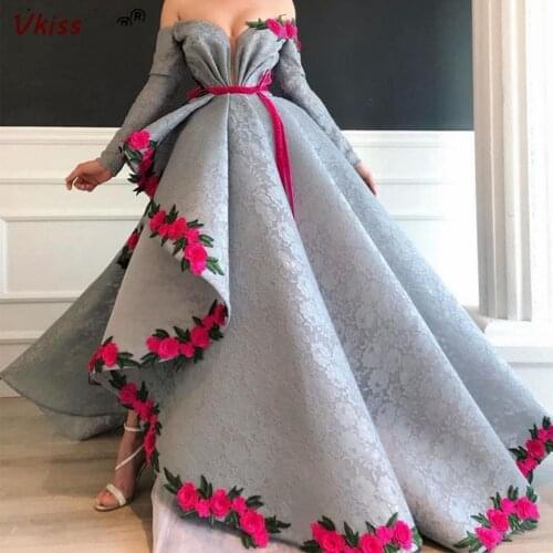 Off The Shoulder Maxi Prom Dresses 2020 Women Party Flowers Appliques Elegant Long Vestidos Gala Sexy Lace Robes Evening Dress