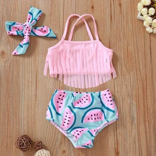 2020 Summer Baby Girl Swimwear Little Girl 2Pcs Bow Tassel Halter Bikini Set Bathing Suit Cute Pink Swimsuit Set Beach Wear