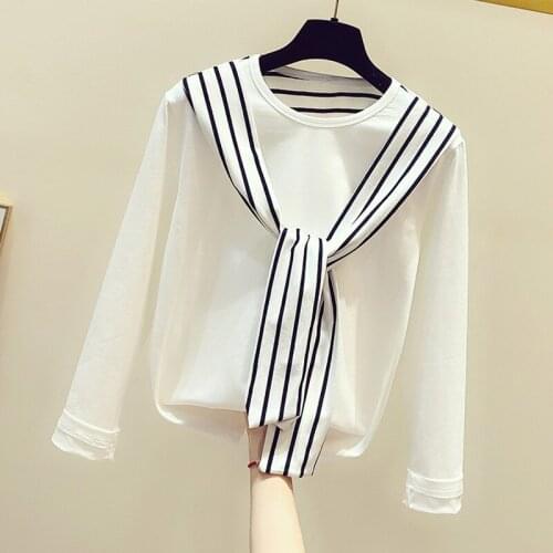 2020 summer new women t-shirts o-neck long-sleeved bow neck striped solid female pulls tops tees top quality