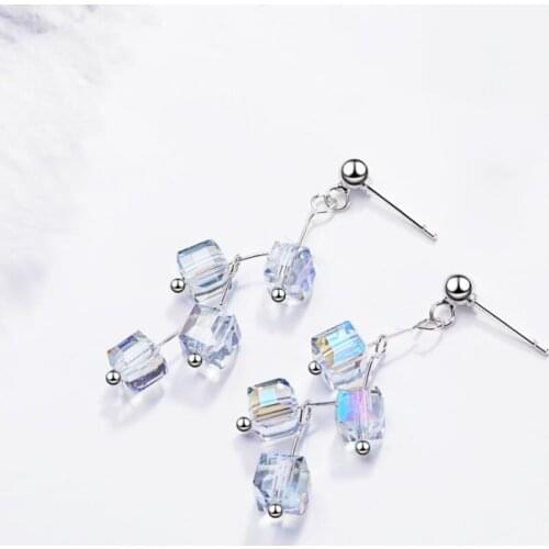 Aurora Sugar Cube Crystal Wave Square Wild 925 Sterling Silver Personality Fashion Female Dangle Earrings SEA372