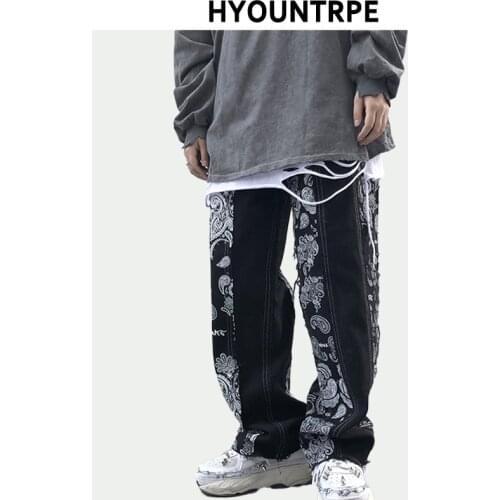 Patchwork Vintage Hip Hop Printed Denim Jeans Pants Casual Loose Straight Zipper Trousers Mens High Street Fashion Jeans Joggers