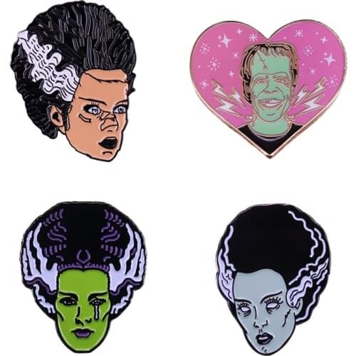 Bride of Frankenstein Enamel Pin Horror Movie Queen and Herman Munster Brooch Badge Halloween Decor