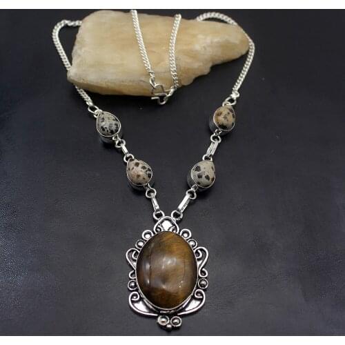 Hermosa Attractive Natural Tigers Eye DalmatianJasper Silver Color Necklace Women Chain Necklace 18 Inch A208