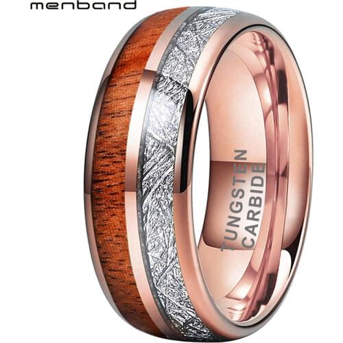 Rose Gold Mens Tungsten Carbide Ring Womens Wedding Band Dome Band White Meteorite Real Wood Inlay 8MM Comfort Fit