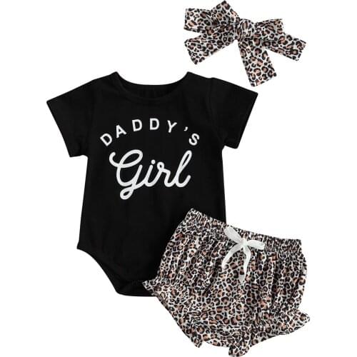 Lioraitiin 0-24M Newborn Baby Girls 3-piece Outfit Set Short Sleeve Letter Print Romper+Leopard Shorts+Headband Set