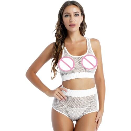 Women Fashion See-through Fishnet Lingerie Set Sissy Clubwear Female Cutout Cropped Tank Top with Elastic Waistband Hot Pants