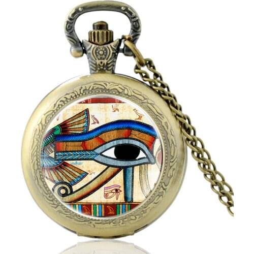 Antique Bronze The Eye of Horus Glass Cabochon Quartz Pocket Watch Vintage Men Women бижутерия Pendant Necklace Chain Clock