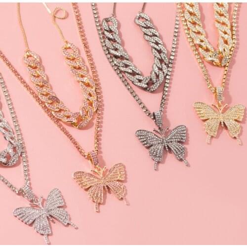 Statement Crystal cuban Butterfly Necklaces for Women Crystal Chain Butterfly Pendant Fashion Multilayer Chain Necklace Jewelry