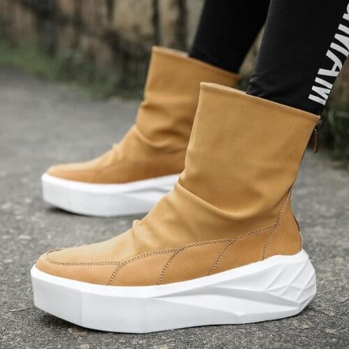 Brown Leather Mens Shoes Boots High Top Chunky Men High Boots Zip Platform Boots Men Ankle Fish Scale Shoes Botas Hombre Cuero